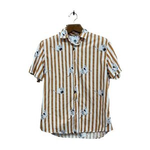 Ricky Singh Men’s Striped Orange Tropical Bird Button Up Shirt Size Large